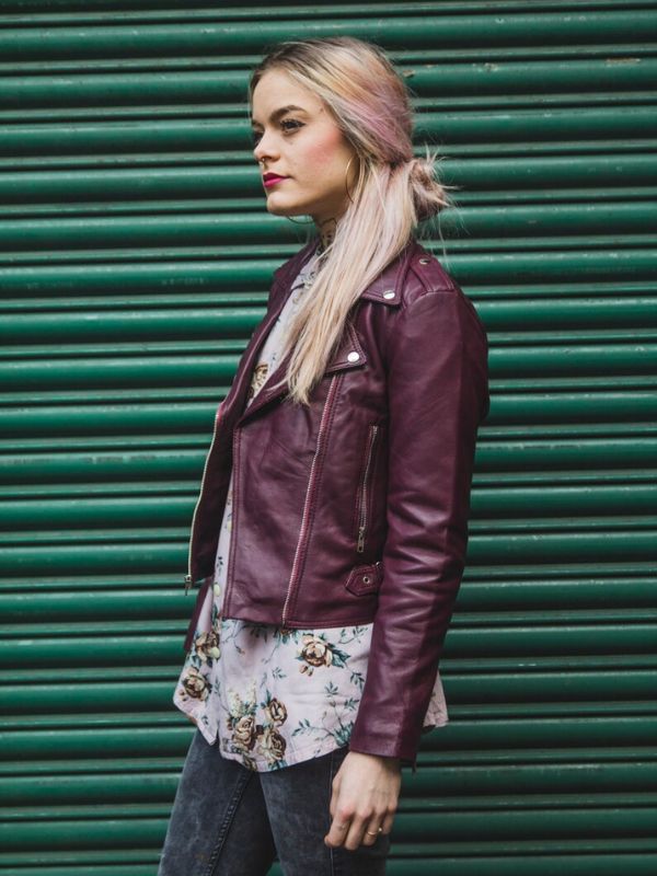 Women Classic Burgundy Lambskin Biker Jacket