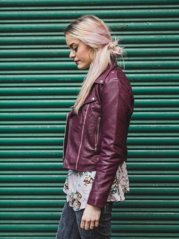 Women Classic Burgundy Lambskin Biker Jacket