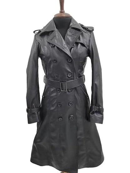 Women Designer Black Trench Leather Long Coat - Sale Now