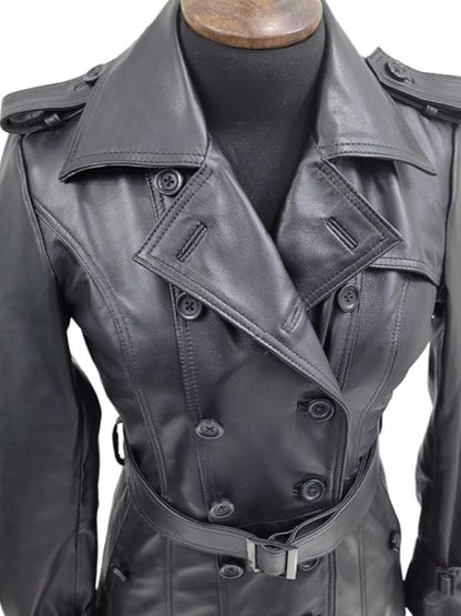 Women Designer Black Trench Leather Long Coat - Sale Now