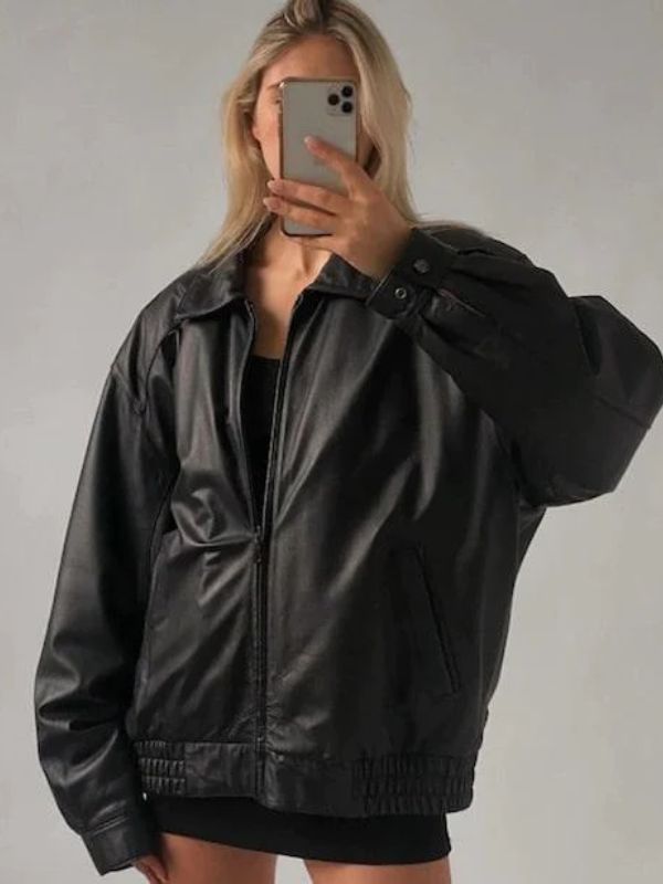 Women Oversized Black Bomber 90s Styles Leather Jacket - Sale