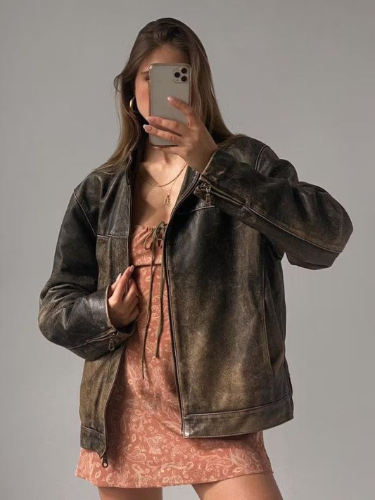 Women Oversized Distressed Brown Genuine Leather Jacket