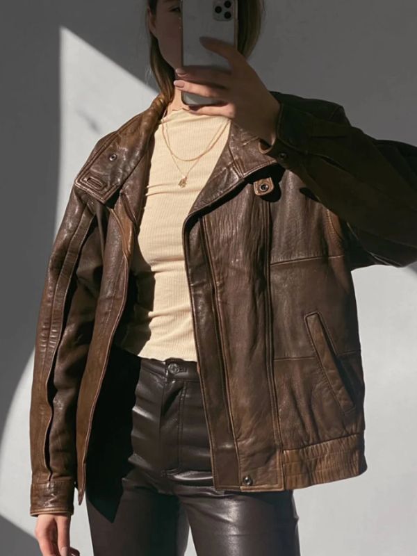 Women 90s Oversized  Vintage Brown Leather Jacket 