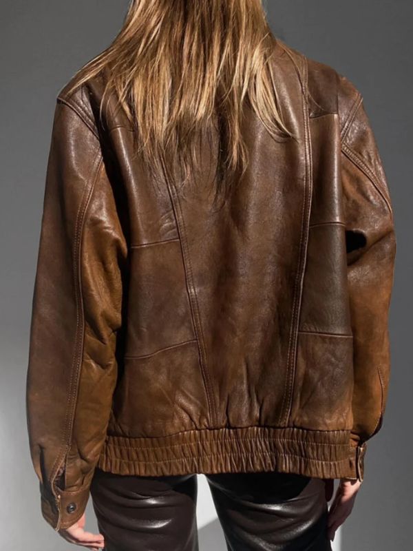 Women 90s Oversized Vintage Brown Leather Jacket