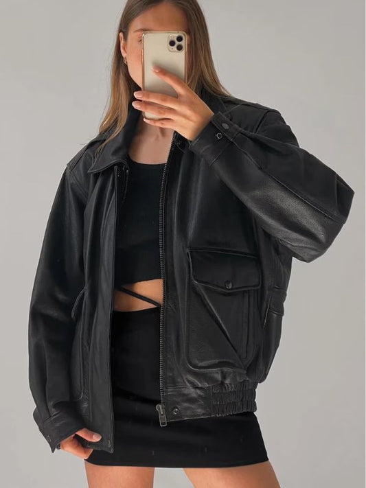 Women Oversized Retro Vintage Baggy Drapey Black Leather Jacket