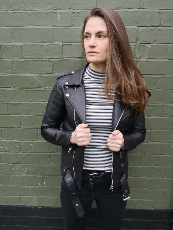 Women's Black Leather Biker Jacket Made Of 100% Real Leather