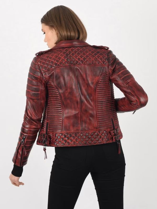 Women’s Burnt Red Biker lambskin Leather Jacket - Sale