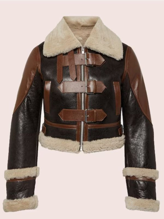 Women's Sheepskin Genuine Black and Brown Leather Shearling Jacket