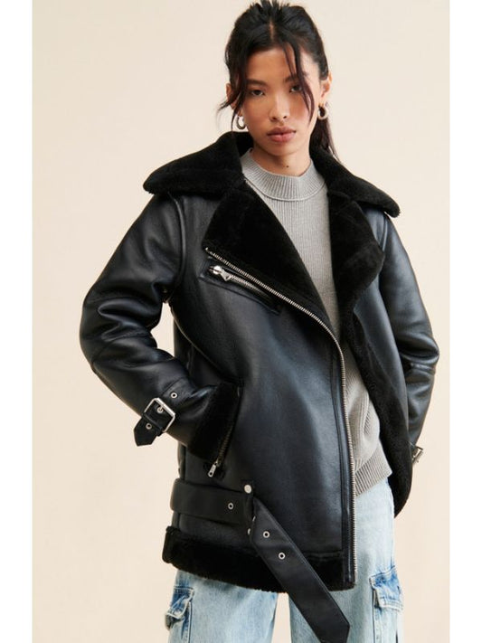 Women Sherpa B-3 Moto Black Leather Jacket - Sale Now