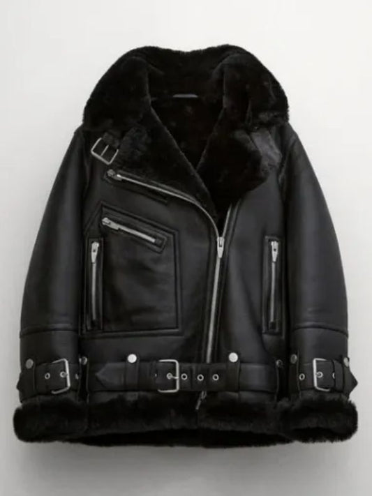 Women Sherpa Leather Black B-3 Bomber Jacket - Sale Now