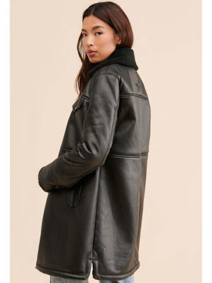 Women Sherpa Oversized Black Leather Jacket