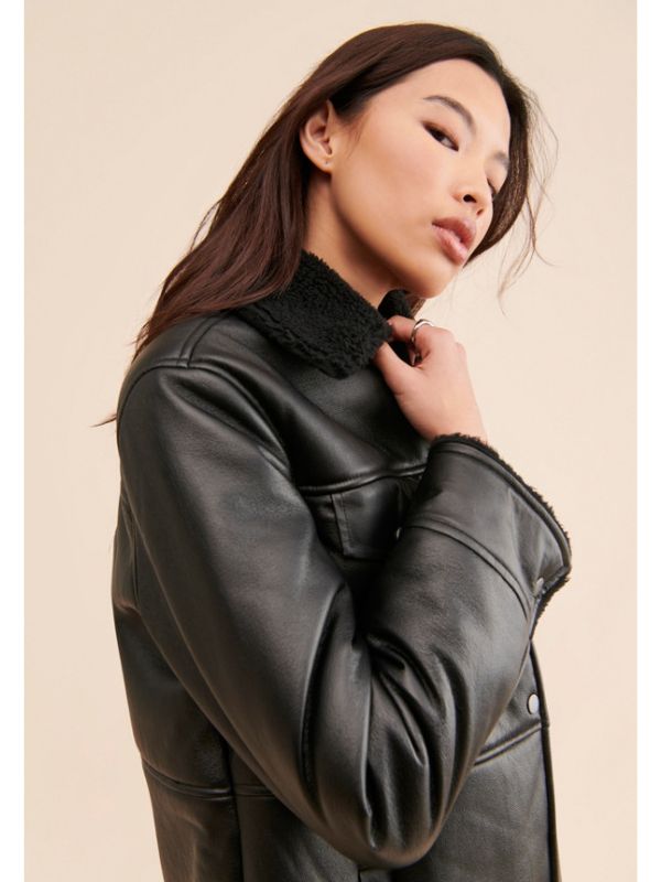 Women Sherpa Oversized Black Leather Jacket