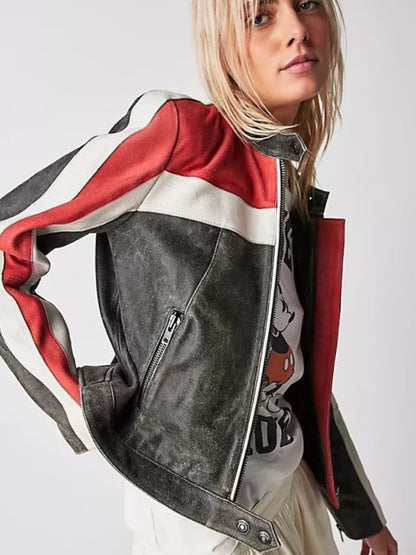 Women Striped Distressed Cafe Racer Biker Jacket - Free Shipping