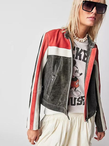 Women Striped Distressed Cafe Racer Biker Jacket - Free Shipping