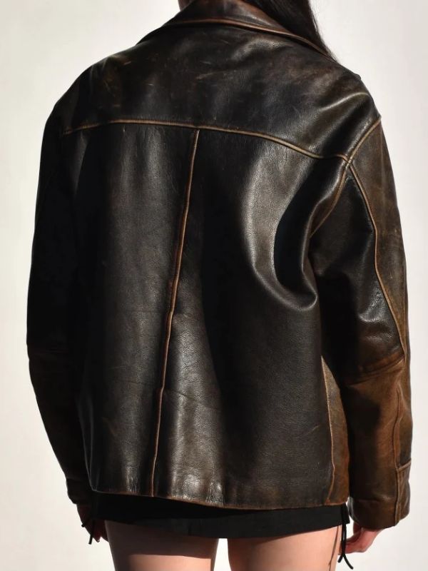 Womens 1990s Oversized Distressed Brown Leather Jacket