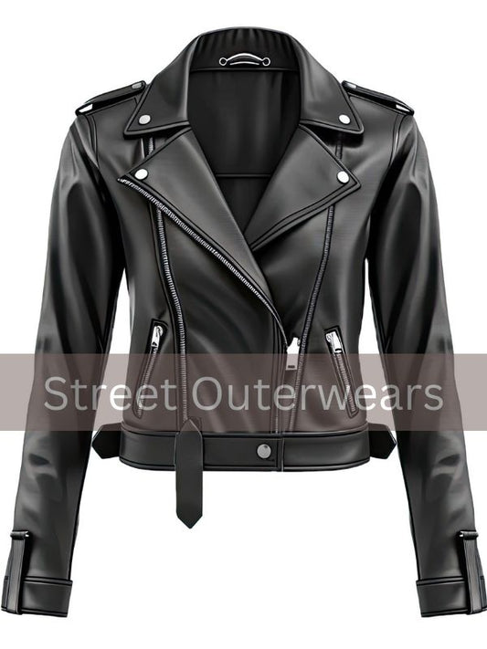 Womens Black Biker Motorcycle Racer Slim Fit Soft Leather Jacket