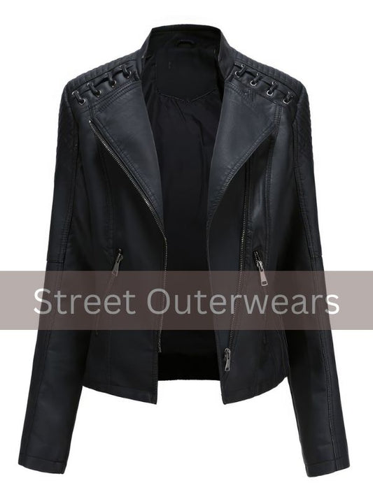 Womens Black Biker Quilted Shoulders Laced Leather Jacket