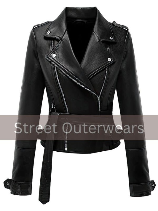 Womens Black Classy Double Breasted Motorbike Leather Jacket