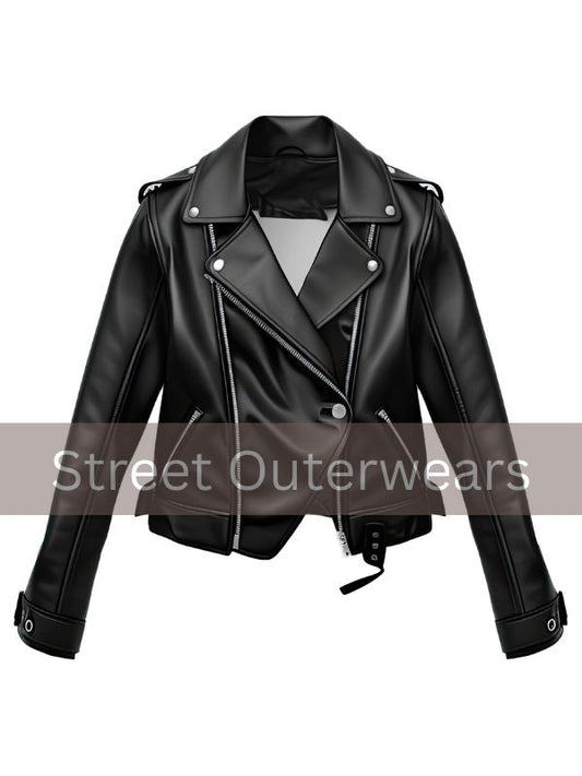 Womens Black Genuine Sheepskin Biker Moto Leather Jacket