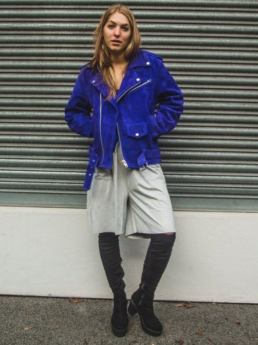 Womens Blue Cobalt Suede Biker Jacket In Oversized Fit