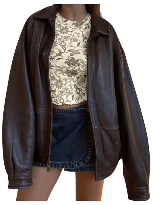 Womens Brown 90’s Oversized Y2K Leather Jacket - Sale