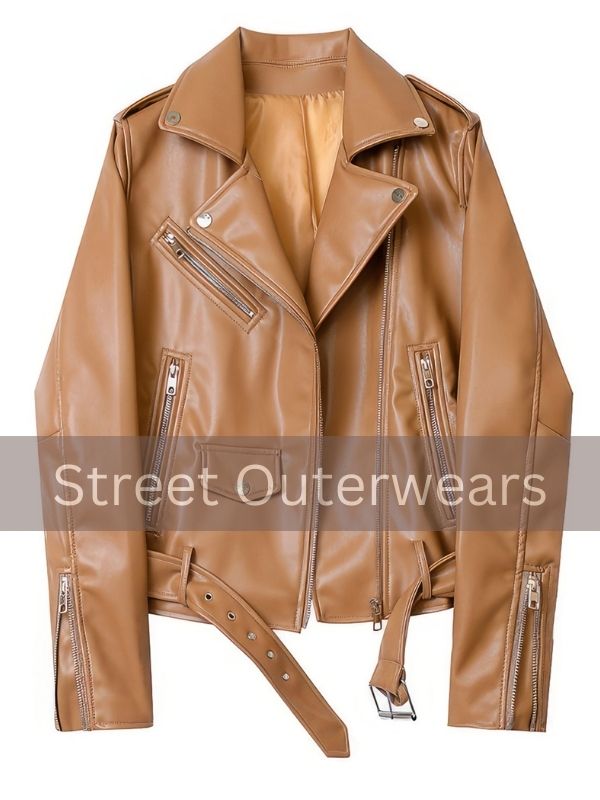 Womens Camel Brown Biker Moto Cafe Racer Jacket