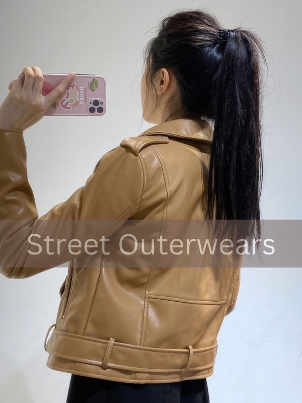 Womens Camel Brown Biker Moto Cafe Racer Jacket