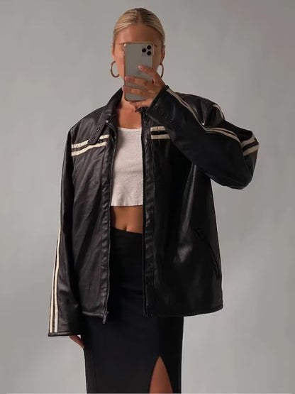 Womens Coolest Black Stripe Oversized Leather Jacket