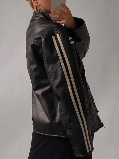 Womens Coolest Black Stripe Oversized Leather Jacket