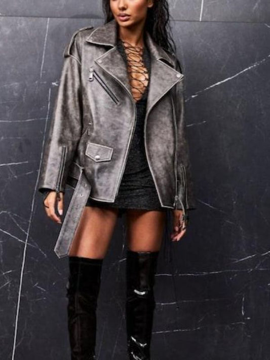 Womens Distressed Biker Style Goat Leather Jacket - Sale