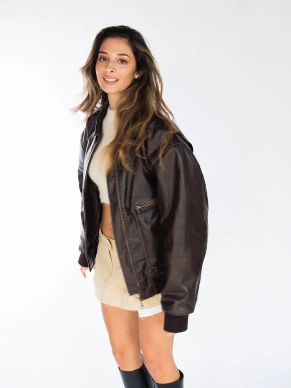 Womens Distressed Oversized 90s Bomber Leather Jacket