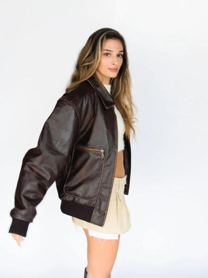 Womens Distressed Oversized 90s Bomber Leather Jacket