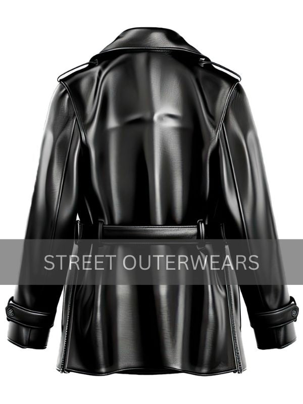 Womens Double Breasted Black Leather Pea Coat