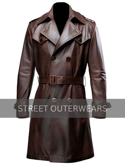 Men's Distressed Brown Leather Coat With Belt