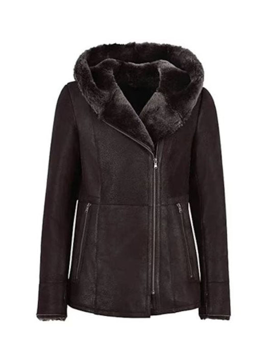 Womens Hooded Fur Shearling Black Long Jacket - Free Shipping