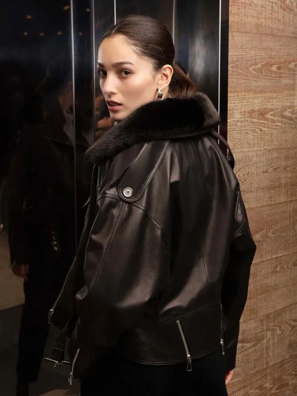 Womens leather jacket with fur collar - Sale