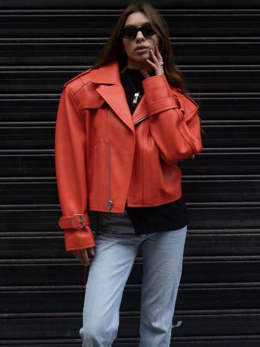 Womens Oversize 80s Orange Biker Cropped Leather Jacket - Sale