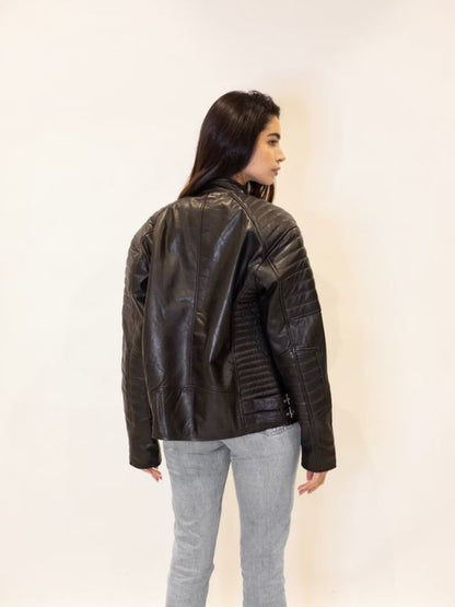 Womens Oversized 90s Quilted Vintage Retro Biker Leather Jacket
