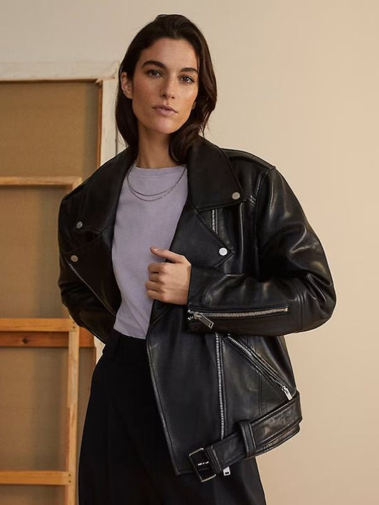Womens Oversized 90s Vintage Retro Biker Black Leather Jacket - Sale