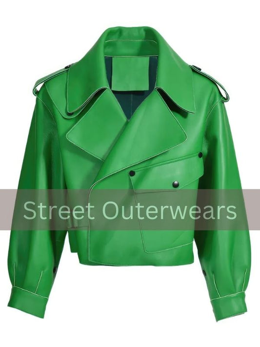 Womens Oversized Green Biker Cafe Racer Leather Jacket