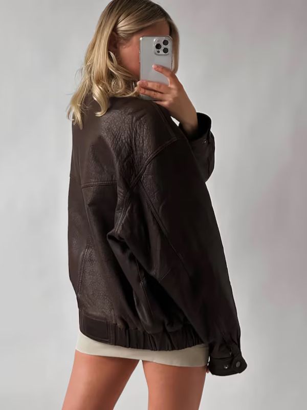 Womens Oversized Real Leather Bomber Brown Jacket