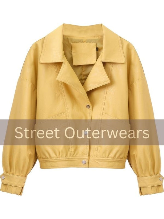 Womens Oversized Yellow Biker Classic Lightweight Leather Jacket