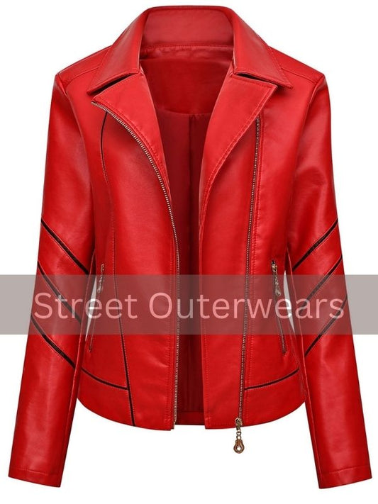 Womens Red Motorcycle Black Stripes Leather Jacket