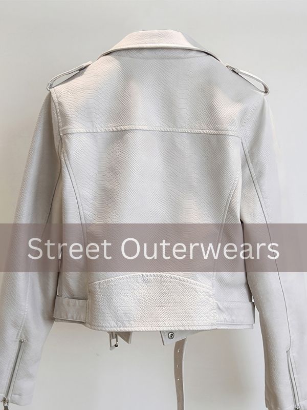 Womens White Biker Snakeskin Studded Motorcycle Leather Jacket