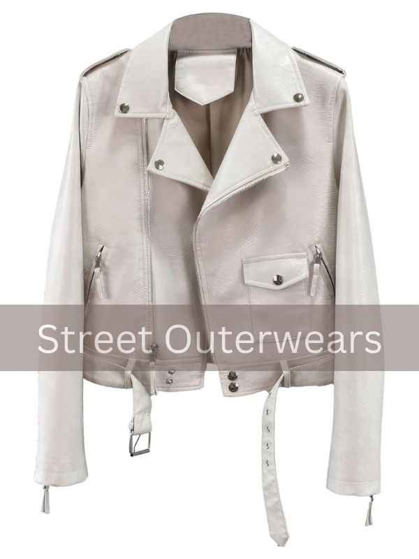 Womens White Biker Snakeskin Studded Motorcycle Leather Jacket