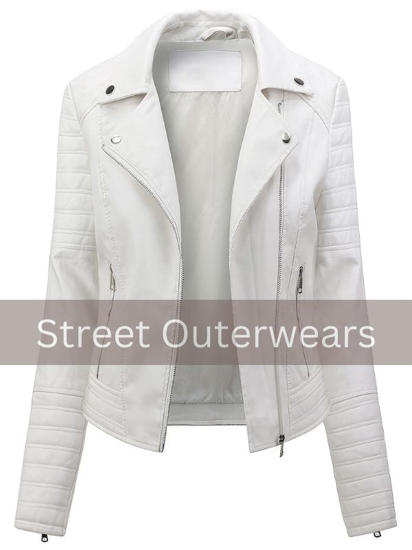 Womens White Quilted Biker Moto Racer Leather Jacket