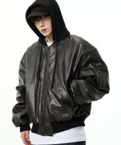Oversized Faux Leather Bomber Jacket with Hood