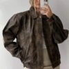 90's Style Vintage Distressed Oversized Brown Leather Jacket