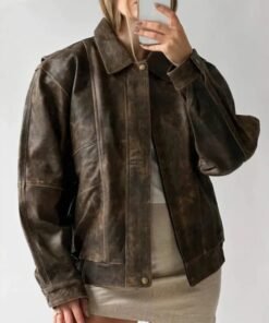 90's Style Vintage Distressed Oversized Brown Leather Jacket