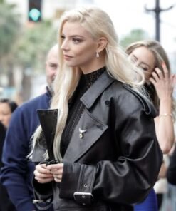 Anya Taylor-Joy Oversized Biker Black Leather Jacket